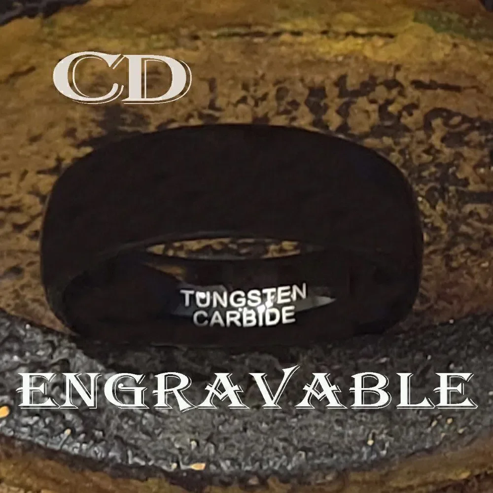 Engraved Mens Real Black Tungsten Wedding Band Dome Design Durable Black Coating
